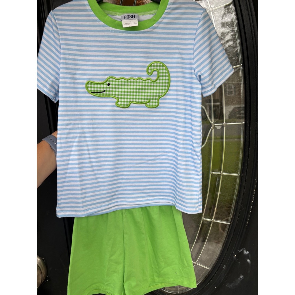 Posh Kids Blue White Striped Alligator Gingham Applique Shirt Shorts Set 5T